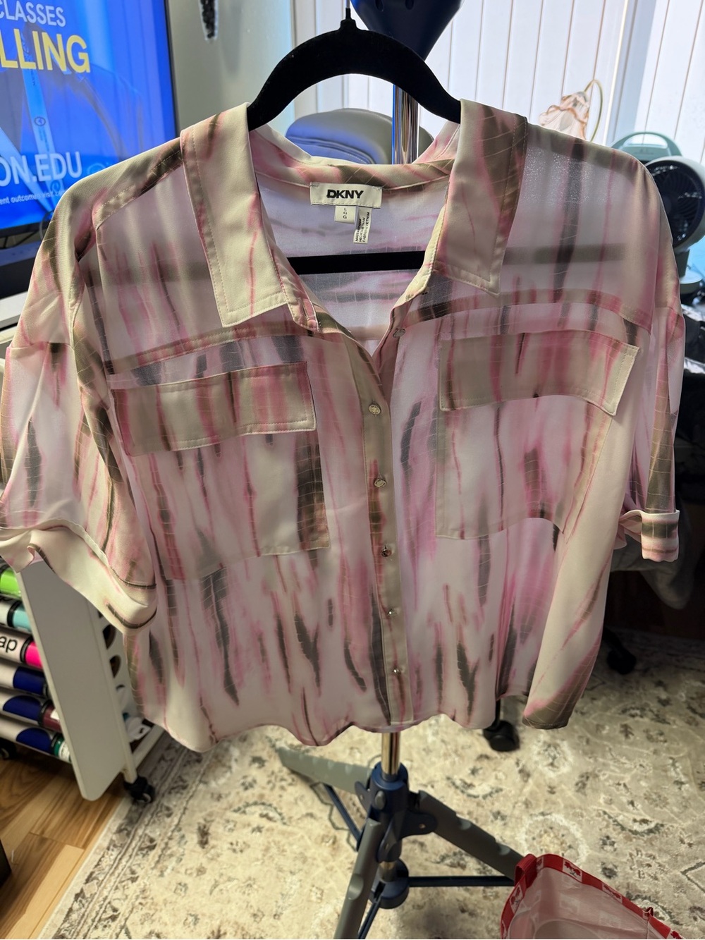 Brand New DKNY Pink and Cream Sheer Button-Up Blouse size large